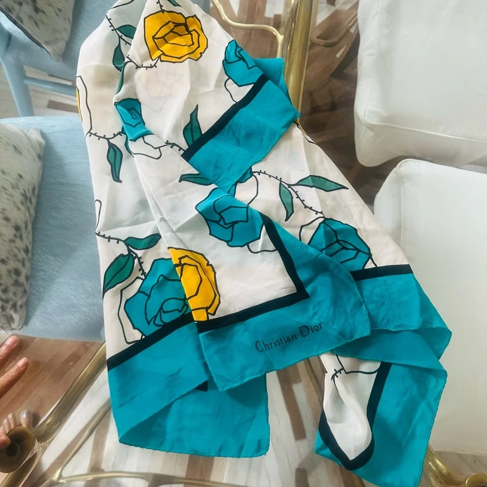 Christian Dior vintage Rose print silk scarf Rare colors(turquoise blue,bright)